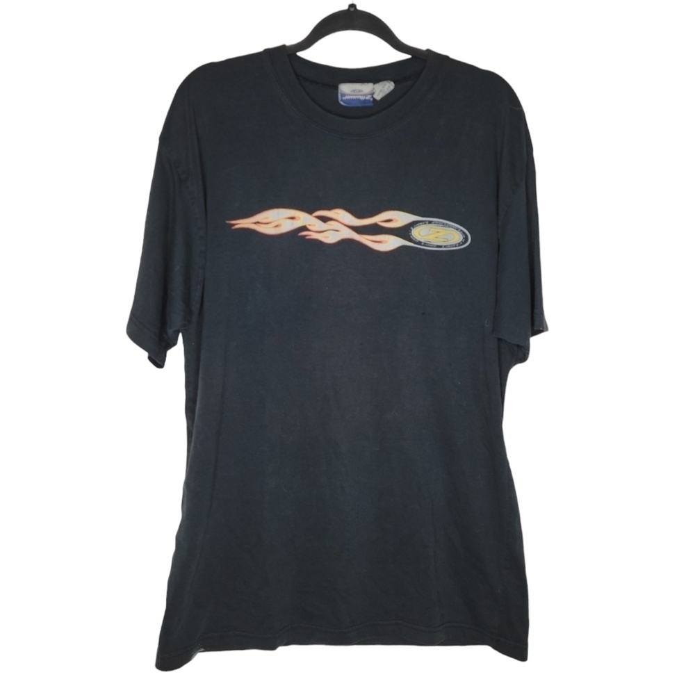 Vintage 90s Jimmy Z Surf Skateboard Flames Logo T-Shirt in Black Size Large